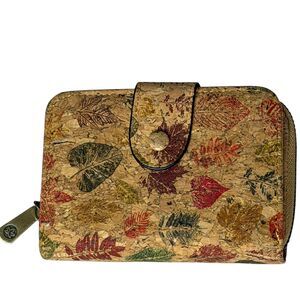 Cork Bifold Wallet Coin Purse Printed Leaf Retro Vegan Zip Around
